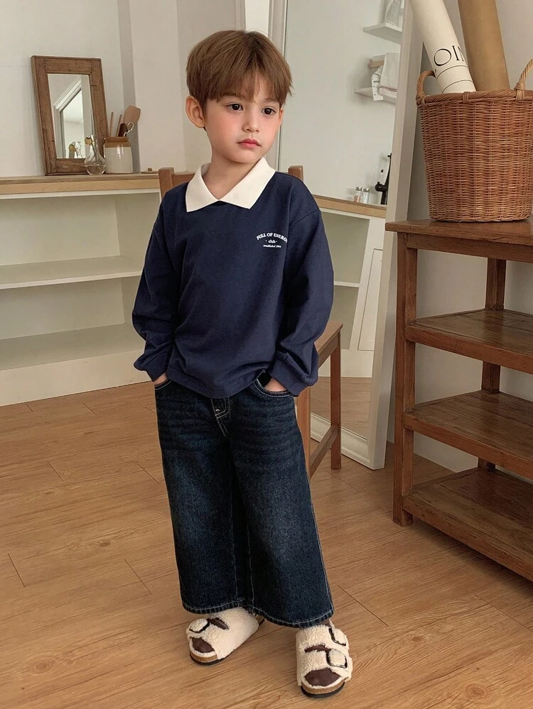 Kids Boys Casual Fitted T-Shirt With Letter Print, Japanese/Nature Style, Autumn Long Sleeve Tops Women