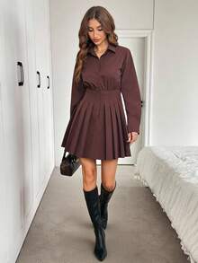 Easowa 净色褶裥下摆衬衫裙 - 咖啡棕 - 查看 7