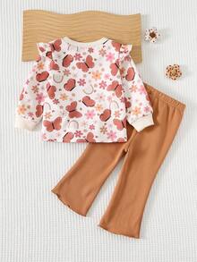 Cozy Pixies 2 pezzi Set di felpa a girocollo con maniche lunghe e volant con stampa floreale e farfalla e pantaloni a zampa con vita elastica per bambina