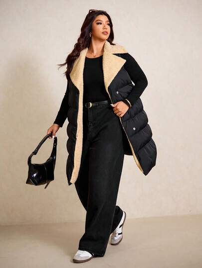 Elaquor Plus Size Elegant Urban Chic Casual Contrast Color Quilted Sleeveless Jacket Coat For Women, Thick Warm For Autumn/Winter