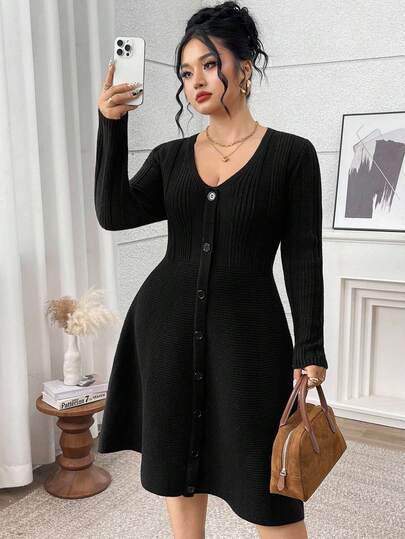Modelyn Plus Size Women's Solid Color V-Neck Long Sleeve Button Design Casual Knit Dress, Autumn/Winter