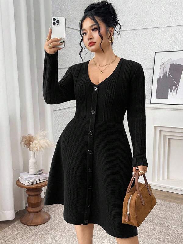 Modelyn 秋季大码女式纯色V领长袖纽扣设计休闲针织连衣裙