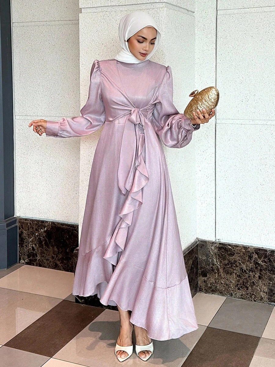 DAZY 女士优雅纯色灯笼袖系带裹身式中长连衣裙，款式端庄时尚 - 粉色 - 查看 1