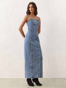 Selenza 女式双排扣长款休闲时尚牛仔连身裤 - 藍色 - 查看 5