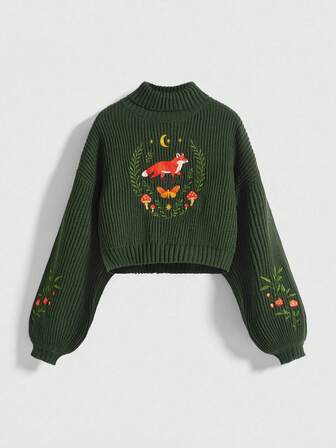 Fairycore Fairy Mori Style Butterfly, Mushroom, Plant, Moon, Star, Fox Embroidery Drop Shoulder Half Turtleneck Sweater