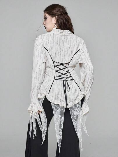Goth Plus Size Asymmetrical Hem Distressed Lace Texture White Blouse, Elegant Vintage Plus Size Long Sleeve Women Shirt Jacket For Autumn, Flowing Lace Hem Design Long Sleeve Blouse For Women In Autumn/Winter