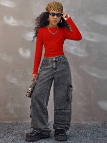 Coolane Tween Girls Winter/Fall Streetwear Basic Stretchy Comfortable Solid Ruched Side Crop Tee,Christmas .New Year,Party ,Chic,Warm - Red - View 3