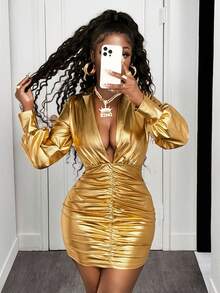 BamGleam Women's Fashionable Sexy Metallic Ruched Bodycon Mini Dress - Gold - View 8