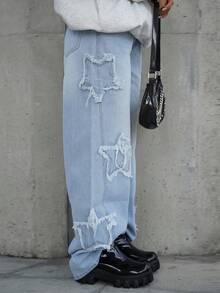 SAYEHFBABY Jeans lavados con estampado de estrella de patrón grunge y de estilo atlético para mujer - Celeste - Ver 6