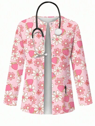 PopScrub 春秋时尚开衫上衣，简约可爱粉色草莓花卉全身印花休闲女士/护士制服夹克