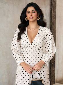 Roveilla 大码波尔卡圆点V领束腰复古连衣裙 - 杏色 - 查看 5