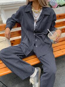 DAZY Women's Casual Striped Loose Shirt And Pants 2 Pieces Set, Autumn Lounge Sets For Women - Navy Blue - View 1