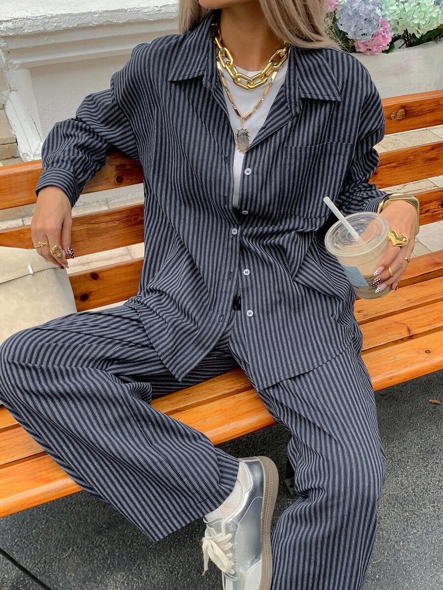 DAZY Women's Casual Striped Loose Shirt And Pants 2 Pieces Set, Autumn Lounge Sets For Women - Navy Blue - View 1
