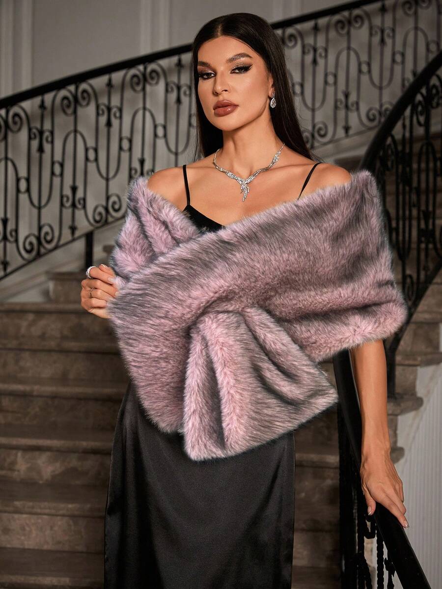 Allurite 时尚派对优雅人造毛皮披肩夹克 - 藕粉色 - 查看 1