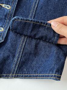 Elamini 女式单排扣仿口袋休闲百搭牛仔背心 - 藍色 - 查看 5