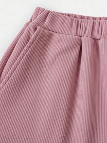 Girlism 青少年女孩针织休闲英伦印花修身长袖 T 恤和裤子两件套 - 藕粉色 - 查看 6