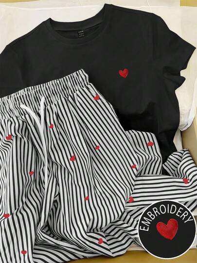 INAWLY 2pcs Women Summer Casual Heart Embroidery T-Shirt And Striped Pants Set
