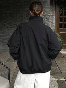 DAZY 女式宽松长袖高领拉链图案夹克 - 黑色 - 查看 2