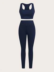SHEIN Essnce Women's 3 Pieces Tracksuit Set, Ribbed Mock Neck Partial Zip Long Sleeve T-Shirt, Sports Bra Camisole, High Waist Leggings, Women's 3 Pieces Set, Leggings And Bustiers And Overalls - Navy Blue - View 8
