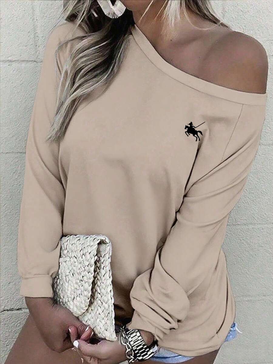 INAWLY 女式简约刺绣斜肩长袖运动衫 - 杏色 - 查看 1