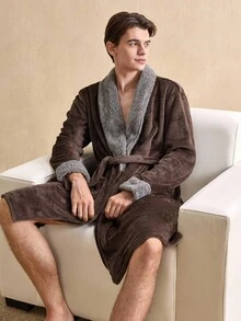 撞色毛绒男士披肩领长袖口袋系带睡袍，秋冬款，蓬松舒适 - 彩色 - 查看 3