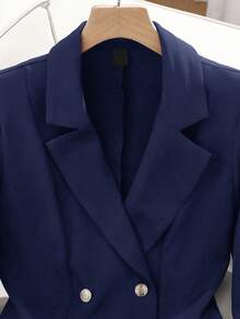 SHEIN Clasi Áo khoác blazer công sở thanh lịch, cổ ve áo trơn màu tay dài, hai hàng khuy, trang phục thu đông cho nữ - Màu xanh hải quân - Xem 3