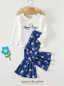 Cozy Pixies 2pcs Baby Girl Floral Print Knit Soft Round Neck Long Sleeve Pullover Top And Elastic Waist Pants Set Fall Winter - Multicolor - View 3