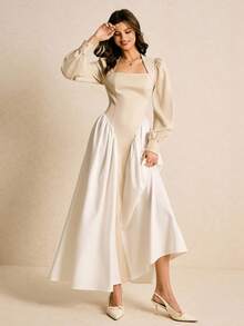 Poéselle 女士撞色天鹅领泡泡袖褶皱连衣裙，优雅 - 杏色 - 查看 6