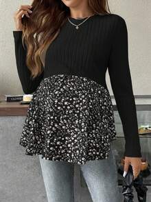 SHEIN Top de lactancia casual con parches de flores y estampado de flores diminutas para maternidad - Negro - Ver 7