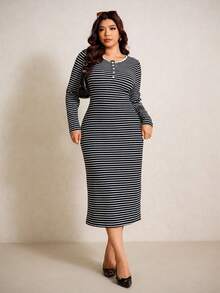 Elaquor Plus Size Casual Commuter Striped Bodycon Dress Long Sleeve Midi Dress Plus Size Casual Dress Long Sleeve Dresses Curvy Curve Casual Dress Plus Midi Dress - Black and White - View 4