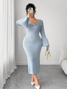 Elenzga Plus Size Women's Solid Color Bow Decor Raglan Flare Sleeve Fitted Elegant Knit Dress, Autumn - Blue - View 7