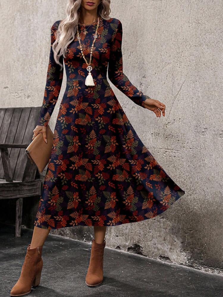 Women's Plant Print Round Neck Long Sleeve Casual Mid-Length Dress