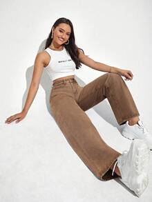 SHEIN PETITE Quần jeans ống đứng thường ngày có túi xéo dành cho nữ, mùa thu - màu nâu - Xem 3