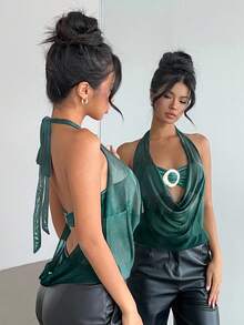 Aloruh Semi-Sheer Plunging Neck Tie-Dye Teal Print Metal Decor Backless Camisole,Dark Green,Summer,Techno,Club Night,Rave,Elegant Party Vacation - White - View 2
