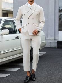 Manfinity Mode 2pcs/Set Men's Solid Color Double-Breasted Jacket & Trousers Suit,Gifts For Boyfriend,White Men Suits - Apricot - View 5