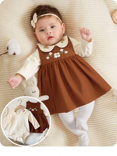 SHEIN Conjunto de ranaper con cuello Peter Pan y vestido de pana bordado para niñas bebé