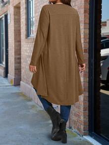SHEIN Plus Size Solid Color Long Asymmetrical Hem Round Neck Long Sleeve T-Shirt - Khaki - View 2