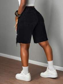 Slaydiva Quần short denim nữ cạp thấp, rộng rãi, rách 5 điểm, họa tiết kim cương Bermuda / Quần short denim xanh nhạt / Quần áo nữ mùa thu / Trở lại trường / Quần áo đồng quê nữ / Quần áo hòa nhạc đồng quê / Quần áo nữ cổ điển / Quần áo đi chơi / Quần áo sân bay nữ / Trang phục đường phố nữ / Quần áo nữ phong cách Y2K - màu đen - Xem 2