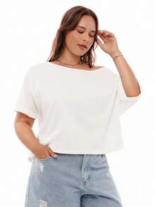 Solavibe 大码女式休闲白色宽松露肩短袖T恤