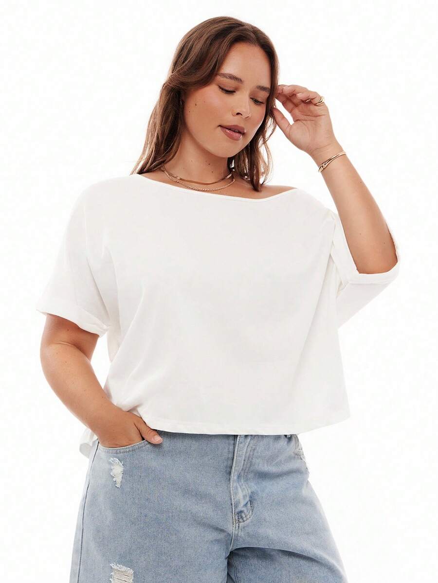 Solavibe 大码女式休闲白色宽松露肩短袖T恤