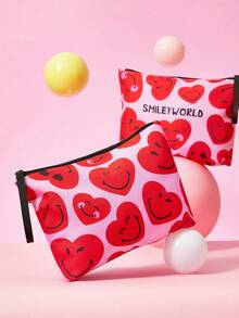 SmileyWorld® | SHEIN 1件裝卡通圖案印花輕量化化妝包，適合收納化妝品、文具、日常用品、數位產品，非常適合通勤、上學、旅行，適合男士、女士、學生，愛心款 - 紅色 - 查看 2