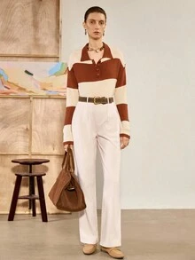 Chiquease Pantalones rectos de cintura alta con elegante patrón de espiga, de color albaricoque, adecuados para el uso diario, para otoño/invierno - Albaricoque - Ver 4