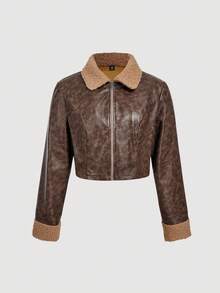 SHEIN MOD Plus Size Women PU Leather Lapel Bomber Jacket Short Coat,Women's Casual Chic Splice Teddy Fleece Lapel Zippered Faux Leather Short Jacket, Autumn/Winter, Brown Leather Jacket Women, Leather Jacket With Borg Collar,Western Jacket - Camel - View 2