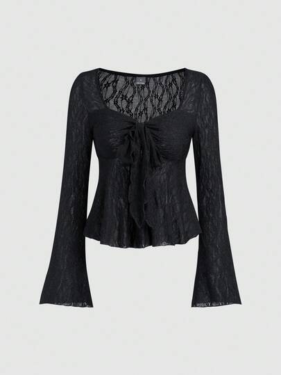 Sweetra Women's Y2K Bowknot Textured Flare Sleeve Top