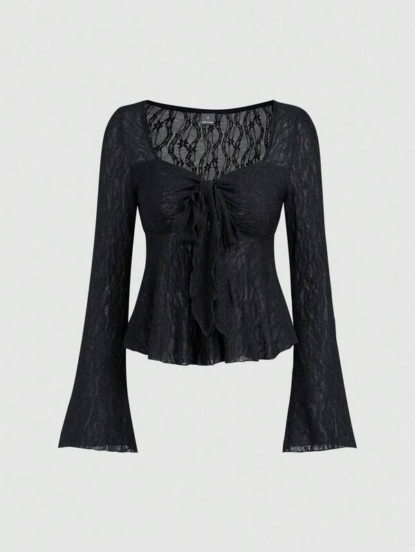 Sweetra Women's Y2K Bowknot Textured Flare Sleeve Top