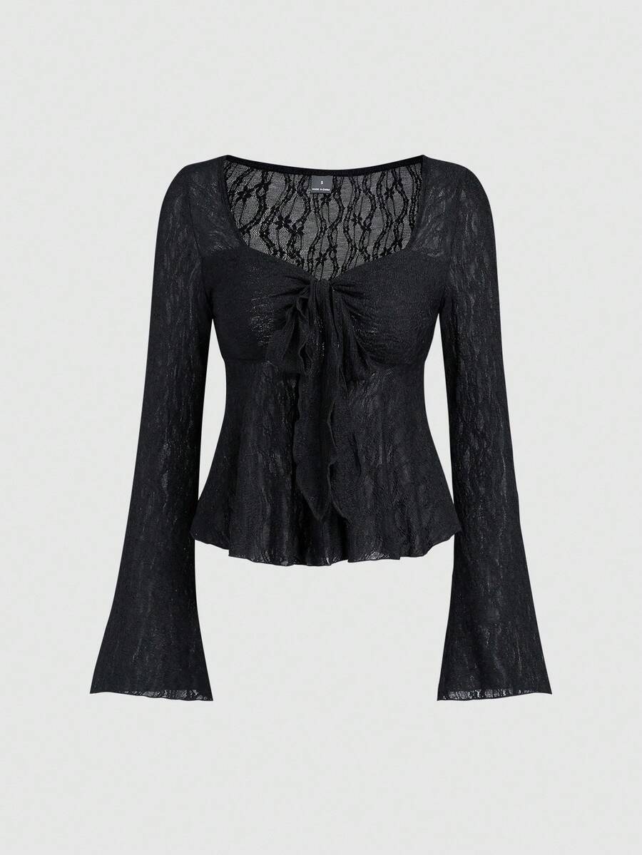 Sweetra Women's Y2K Bowknot Textured Flare Sleeve Top - Black - View 1