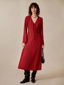 Florisole 女式 V 领前系带长袖连衣裙 - 紅色 - 查看 5