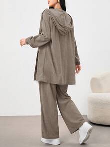 Mulvari 2pcs Khaki Women Casual Daily Hooded Shirt And Pants Set, Autumn/Winter 2 Pieces Set Pant Suit Set Women 2 Piece Woman Set Suit Set For Woman - Khaki - View 2