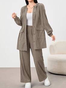 Mulvari 2pcs Khaki Women Casual Daily Hooded Shirt And Pants Set, Autumn/Winter 2 Pieces Set Pant Suit Set Women 2 Piece Woman Set Suit Set For Woman - Khaki - View 4