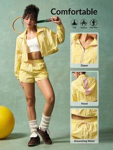 VARSIVA 2pcs/Set Women Casual Loose Long Sleeve Top And Drawstring Shorts Sportswear Set Yellow Two Piece Set Jacket And Shorts Set Yellow Shorts Women Yellow Activewear Two Piece Set Women Summer - Multicolor - View 1
